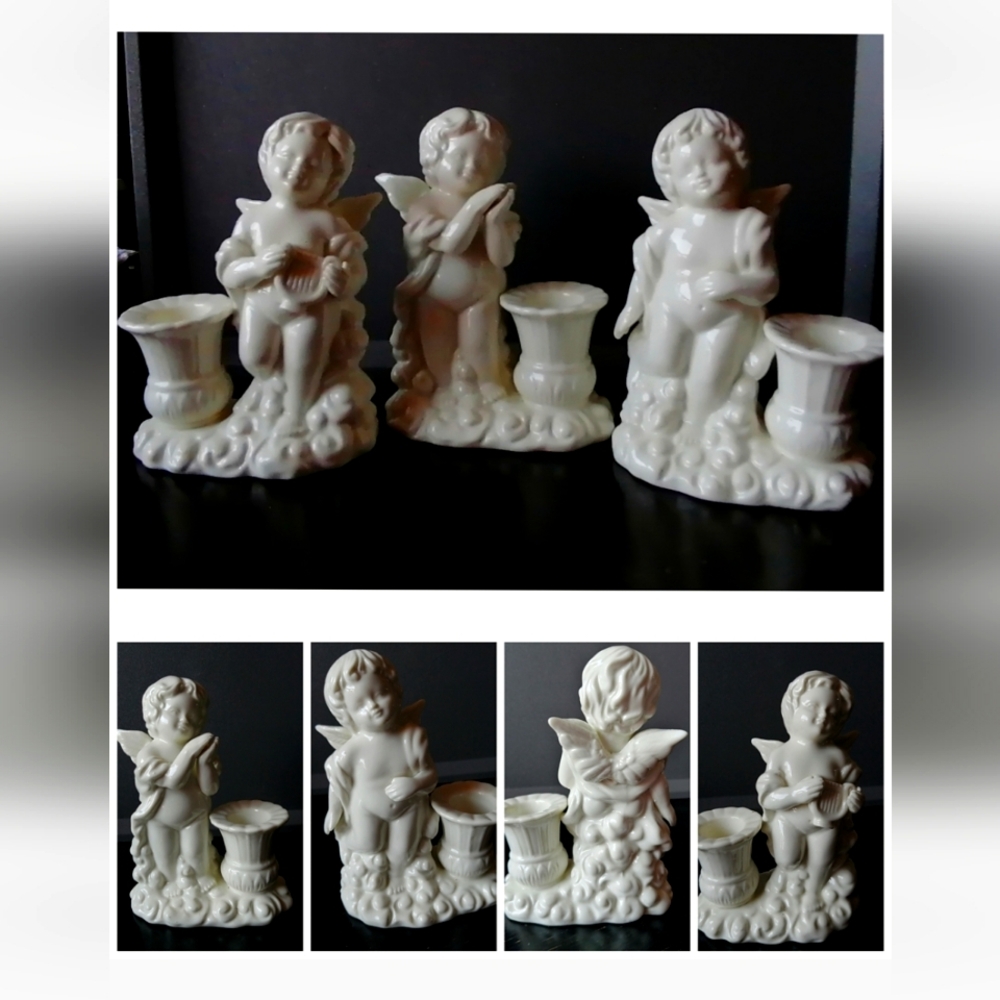 Ivory Off-White Angel Cherub Ceramic Porcelain Candle Holders Figurines Set of 3